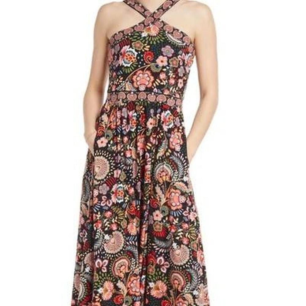 Boden Boho Paisley Floral Halter Maxi Dress Cross Back With Pockets